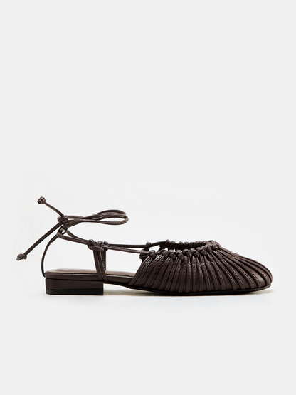 Leather Woven Lace-Up Flat Sandals