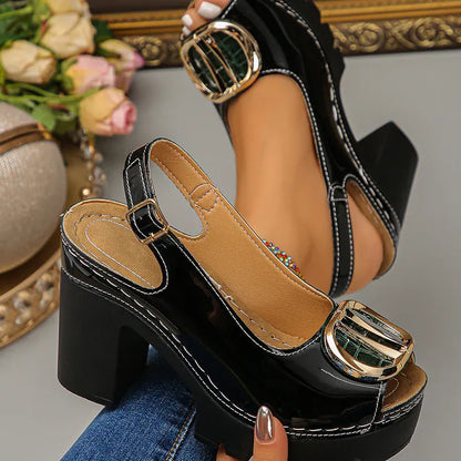 Chunky Heel Peep-Toe Slingback Sandals