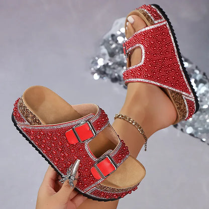 Rhinestone Buckle Platform Slide Sandals