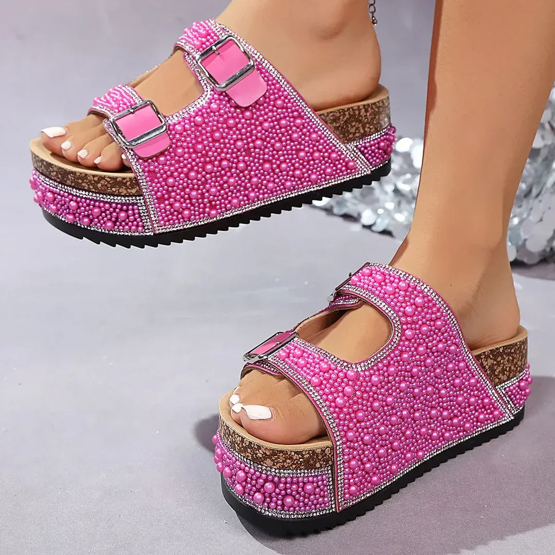 Rhinestone Buckle Platform Slide Sandals
