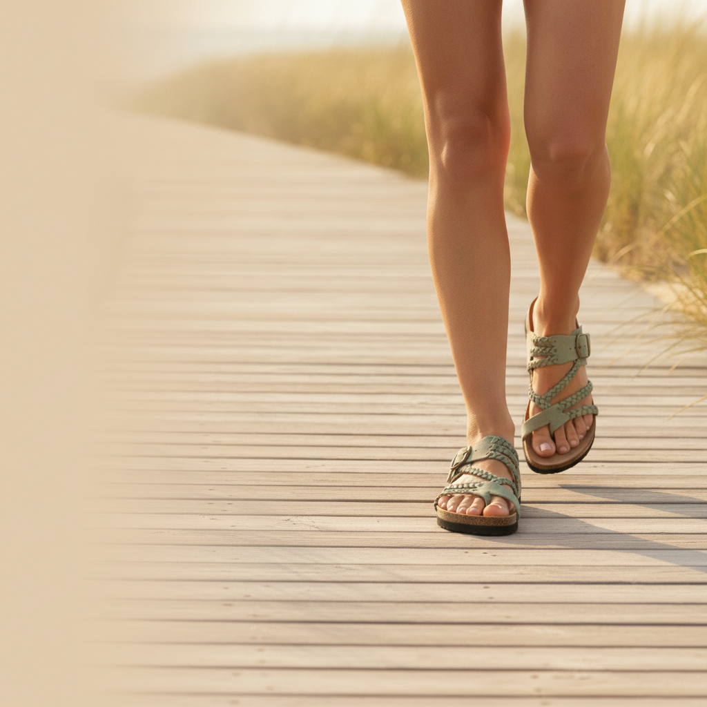 Woman walking on a sunlit boardwalk in Nordhavn braided cork sandals