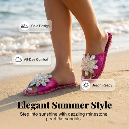 Women’s Pearl Rhinestone Embellished Flat Slide Sandals