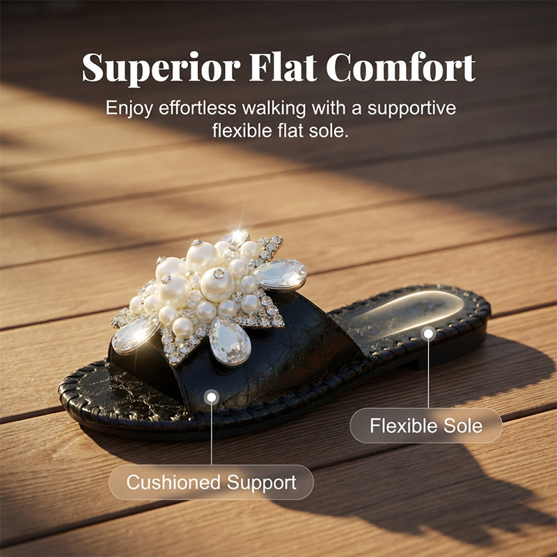 Women’s Pearl Rhinestone Embellished Flat Slide Sandals