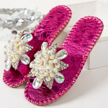 Women’s Pearl Rhinestone Embellished Flat Slide Sandals