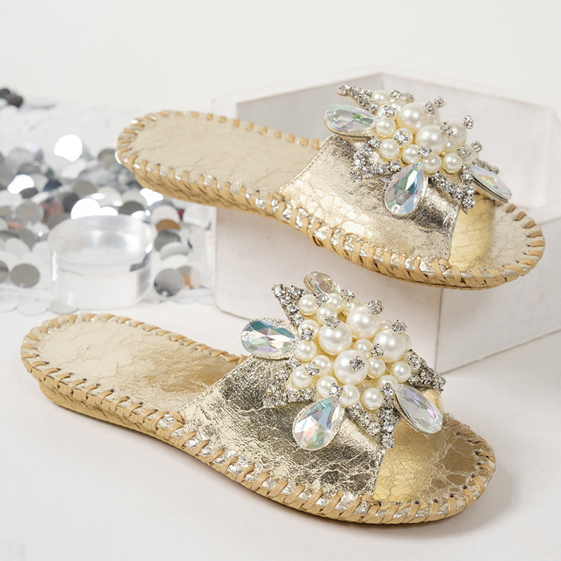 Women’s Pearl Rhinestone Embellished Flat Slide Sandals